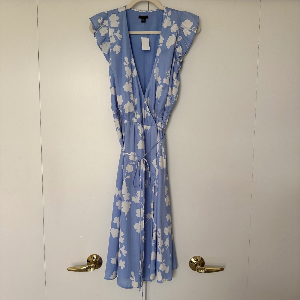 Brand New Ann Taylor Blue & White Floral Midi Wrap Dress Size 0